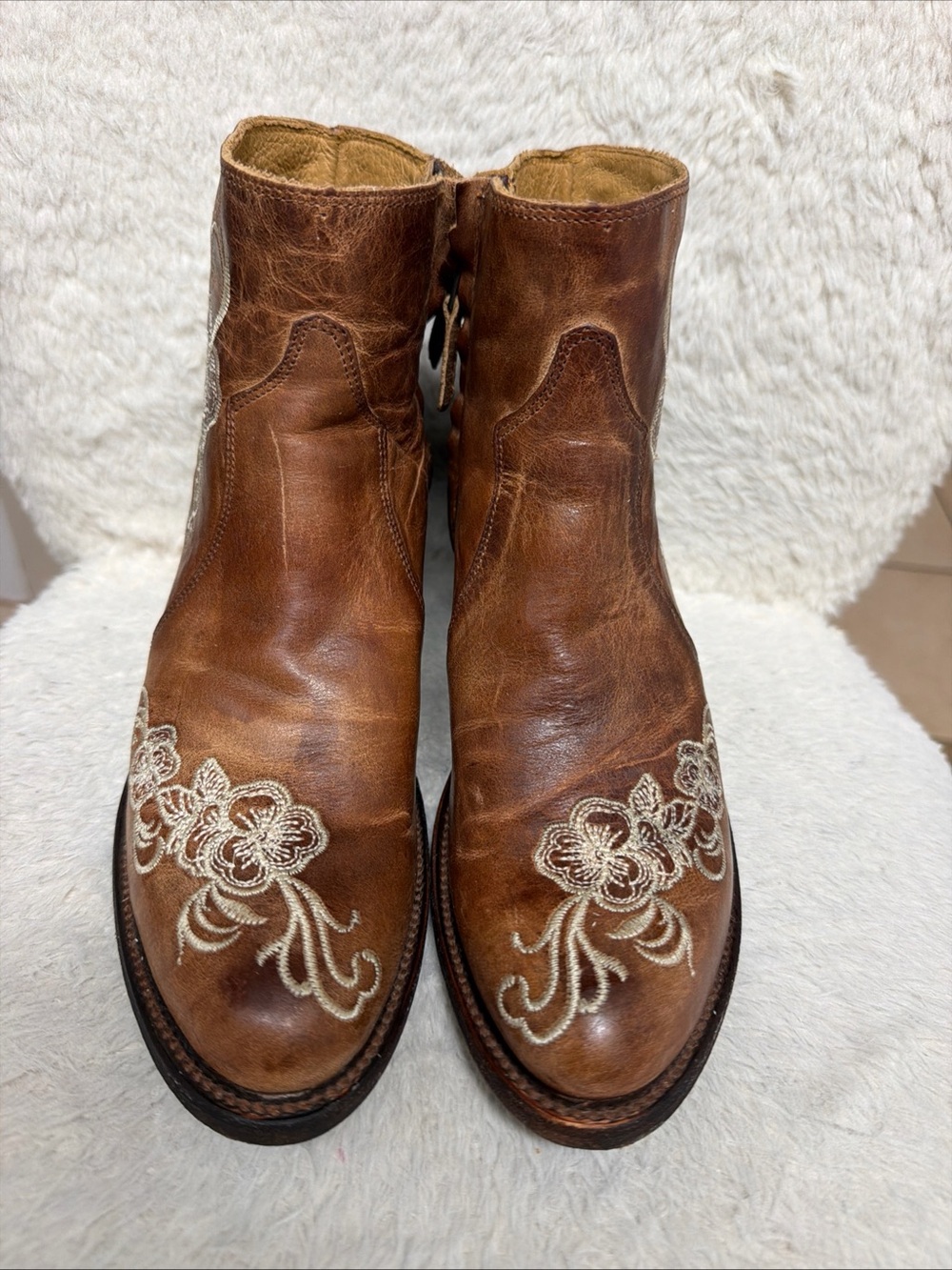 Shyanne Brown Leather Ankle Boots with Cream Floral Stitching EUC